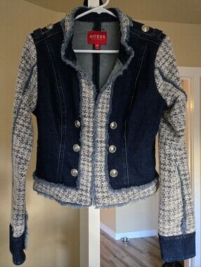 GUESS Runway Denim Tweed Military Jacket Cropped Frayed Manon Wash Women's Large